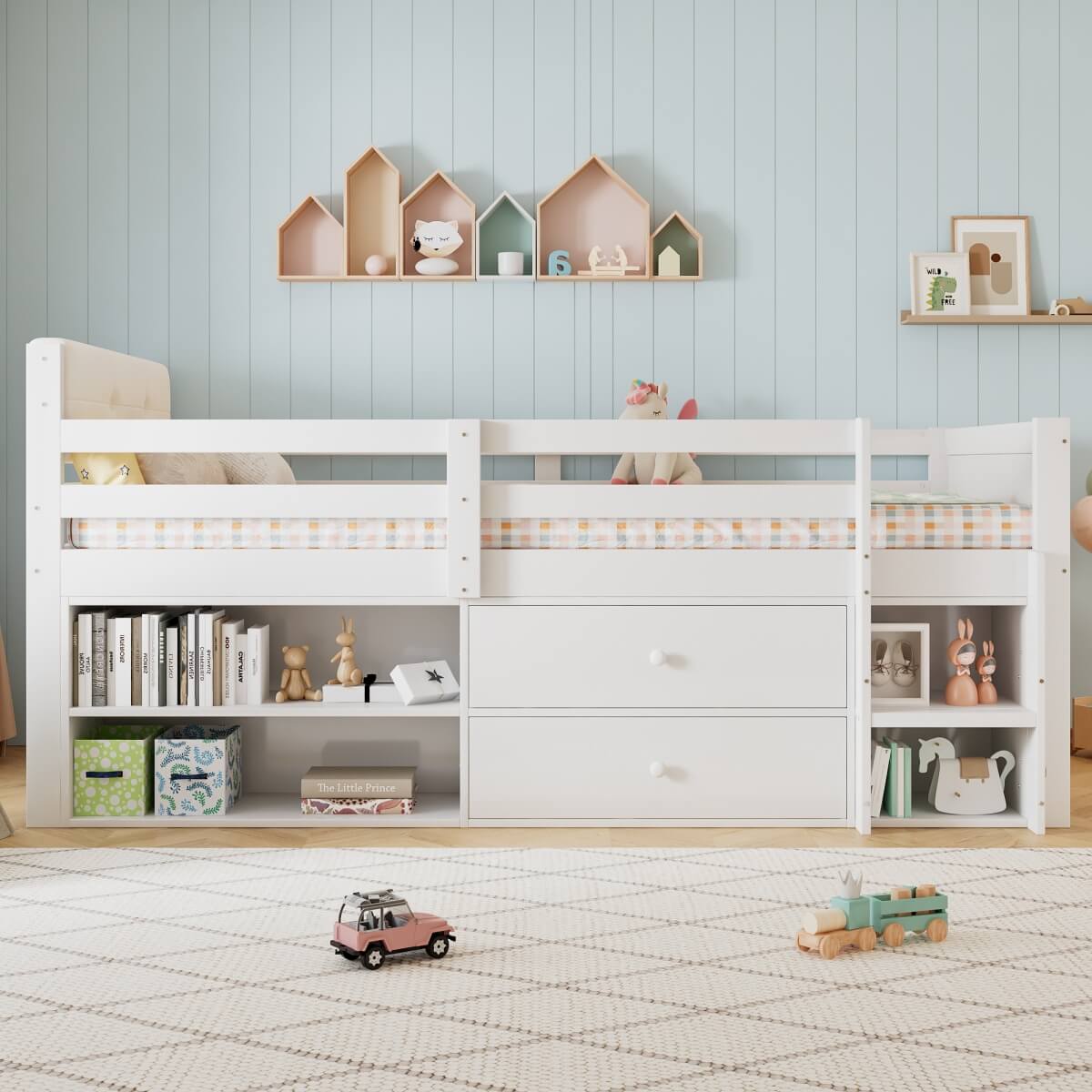 3ft Single Wooden Storage Bed for Kids - Bed Frame with Safety Guardrails, 2 Drawers, Storage Compartments & Upholstered Headboard, White