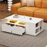 High Gloss Coffee Table with LED Lights - White Centre Table with 2 Drawers & Open Storage