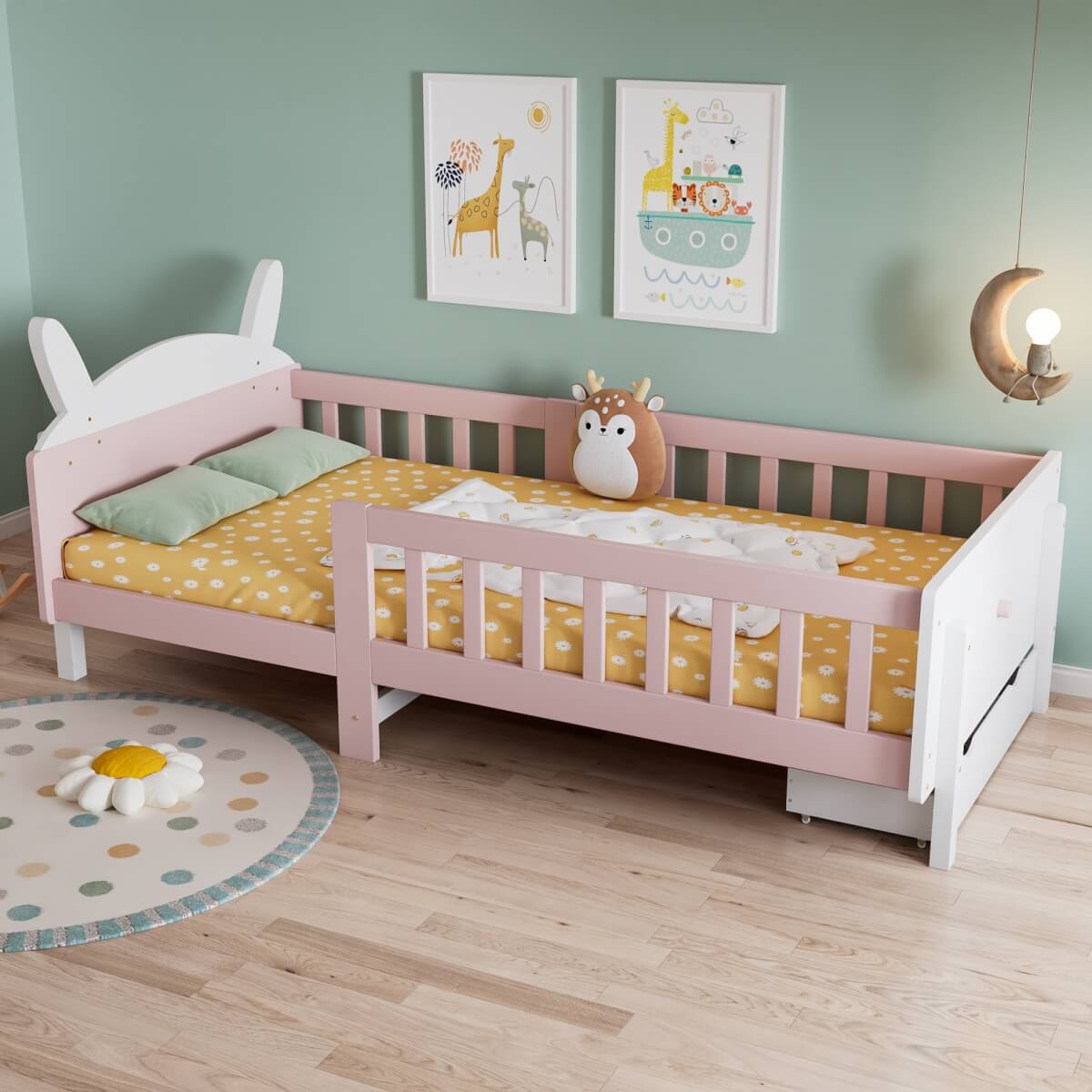 3ft Single Children's Rabbit-Shaped Bed - Wooden Storage Bed with Safety Guardrail, Drawer and Sturdy Slatted Base, White and Pink