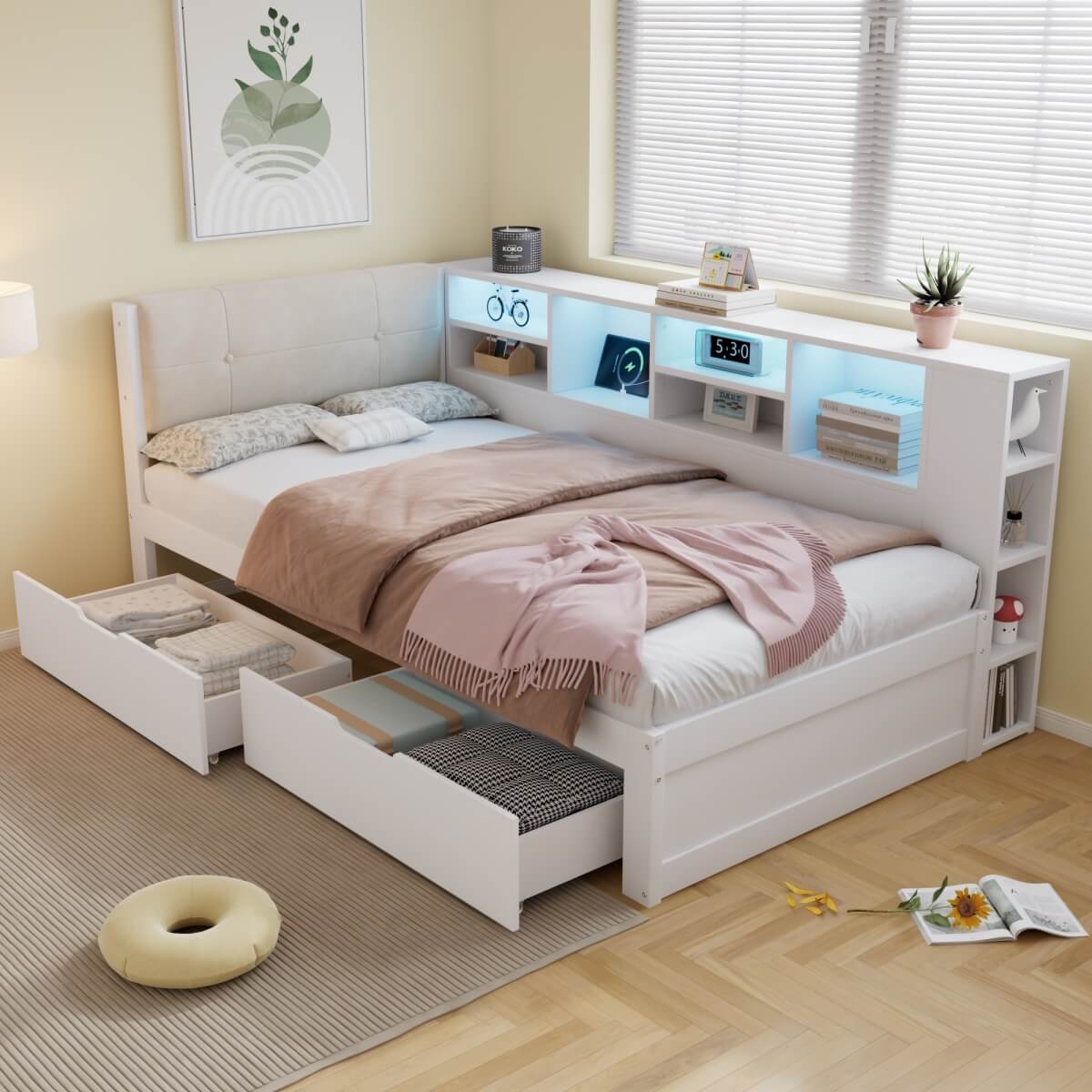 3ft Single Wooden Storage Bed with LED Lights - Bed Frame with Upholstered Headboard, Charging Port, Storage Compartments and 2 Wheeled Drawers, White