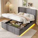 4ft6 Double Velvet Ottoman Storage Bed with LED Lighting - Upholstered Hydraulic Bed Frame with Plywood Base, Grey