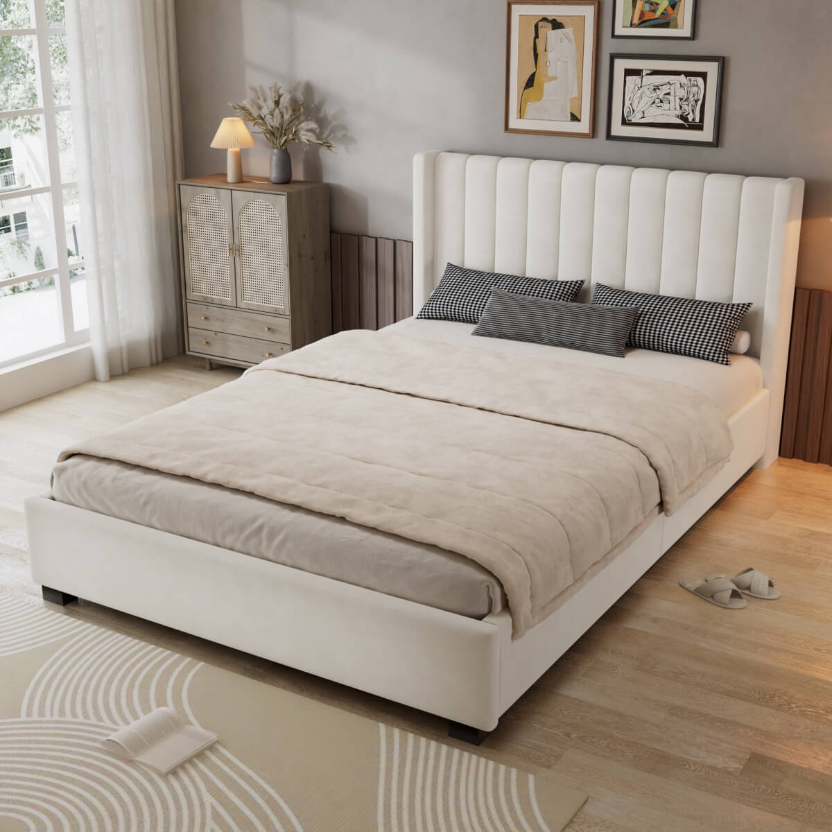 4ft6 Double Velvet Storage Bed - Upholstered Bed Frame with 4 Drawers and Soft Headboard, Beige