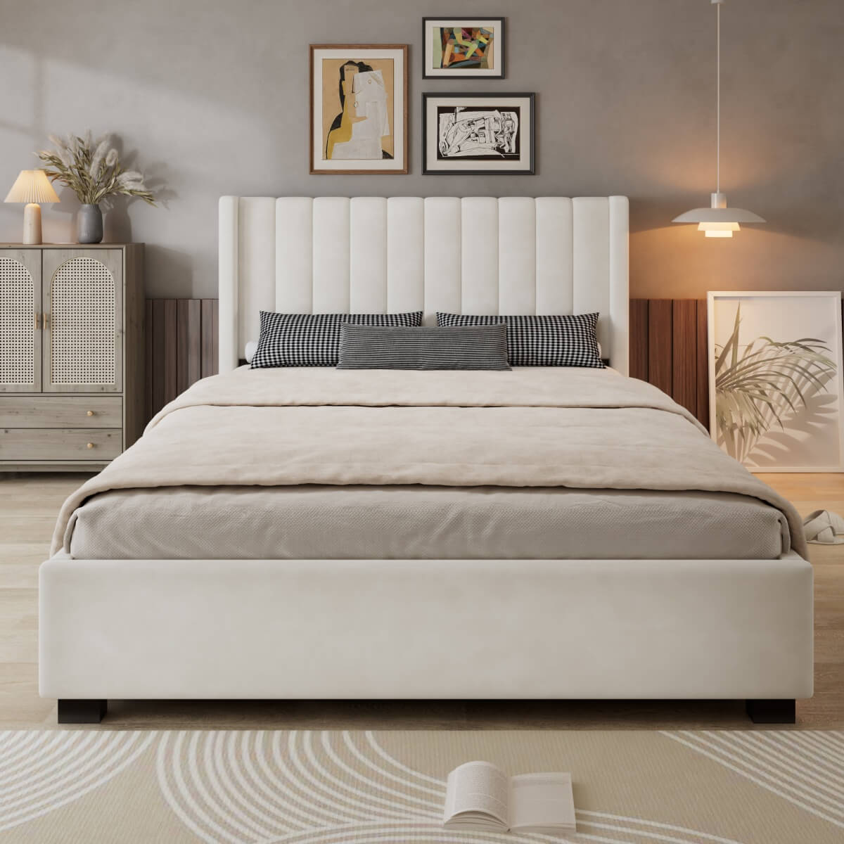 4ft6 Double Velvet Storage Bed - Upholstered Bed Frame with 4 Drawers and Soft Headboard, Beige