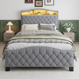 4ft6 Velvet Upholstered Storage Bed with LED Light Strip - Double Bed with Slatted Base, Grey