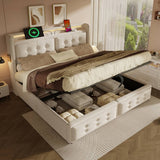 4ft6 Double Upholstered Storage Bed - Hydraulic Bed Frame with LED Headboard, USB & Type-C Charging, Linen, Beige
