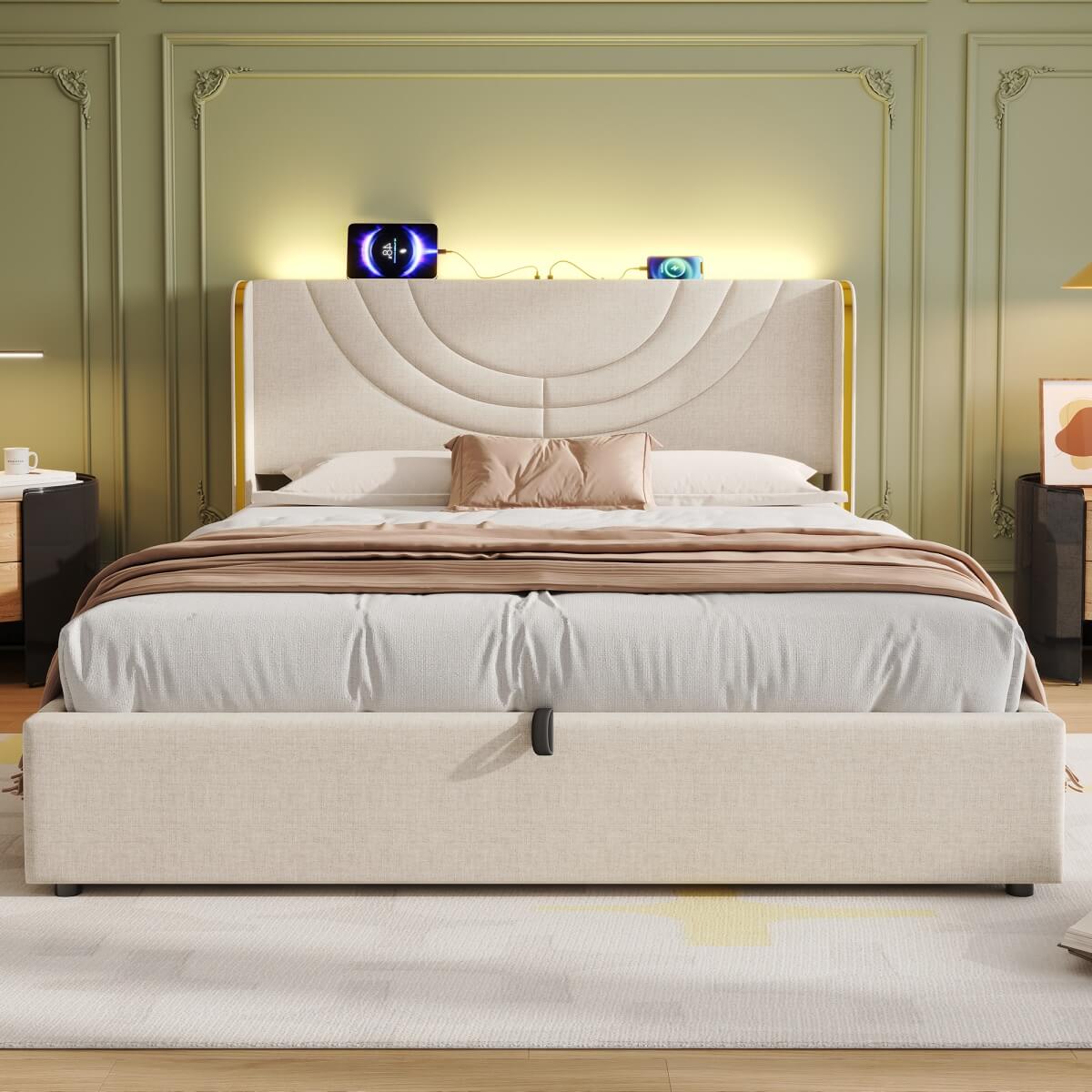 4ft6 Double Upholstered Bed Frame - Hydraulic Storage, LED Headboard with USB Charging, Beige Linen