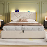 4ft6 Double Upholstered Bed Frame - Hydraulic Storage, LED Headboard with USB Charging, Beige Linen