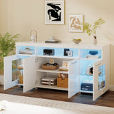 High Gloss White Sideboard with LED Lighting - Modern Storage Cabinet with 3-Tier Tempered Glass Display Shelves