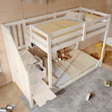 Kids Bunk Bed with Storage Stairs - Solid Wood Bunk Beds with 3 Open Shelves and Wraparound Safety Rails, White