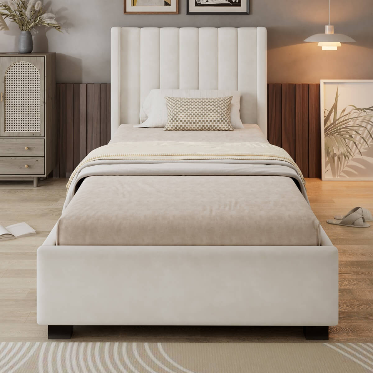3ft Single Velvet Storage Bed - Upholstered Bed Frame with 4 Drawers and Soft Headboard, Beige