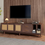 Rattan TV Stand with Sliding Doors - 2 Drawer Storage TV Unit, Dark Wood, Fits up to 80 Inch TV