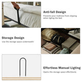 4ft6 Double Upholstered Storage Bed - Hydraulic Bed Frame with LED Headboard, USB & Type-C Charging, Linen, Beige