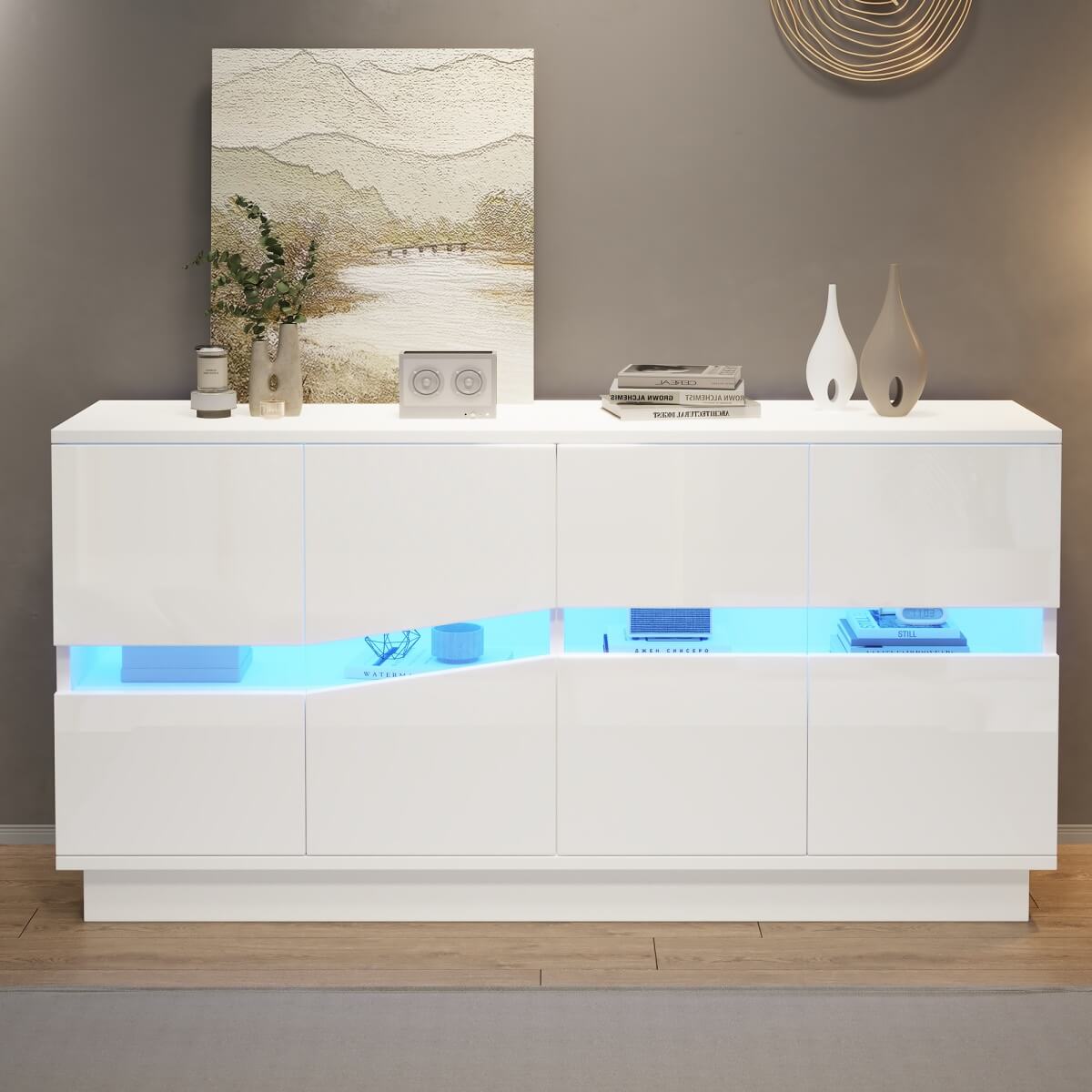 High Gloss White Sideboard with LED Lights - Modern Freestanding Storage Cabinet with 2 Adjustable Shelves and 4 Storage Compartments for Dining and Living Room