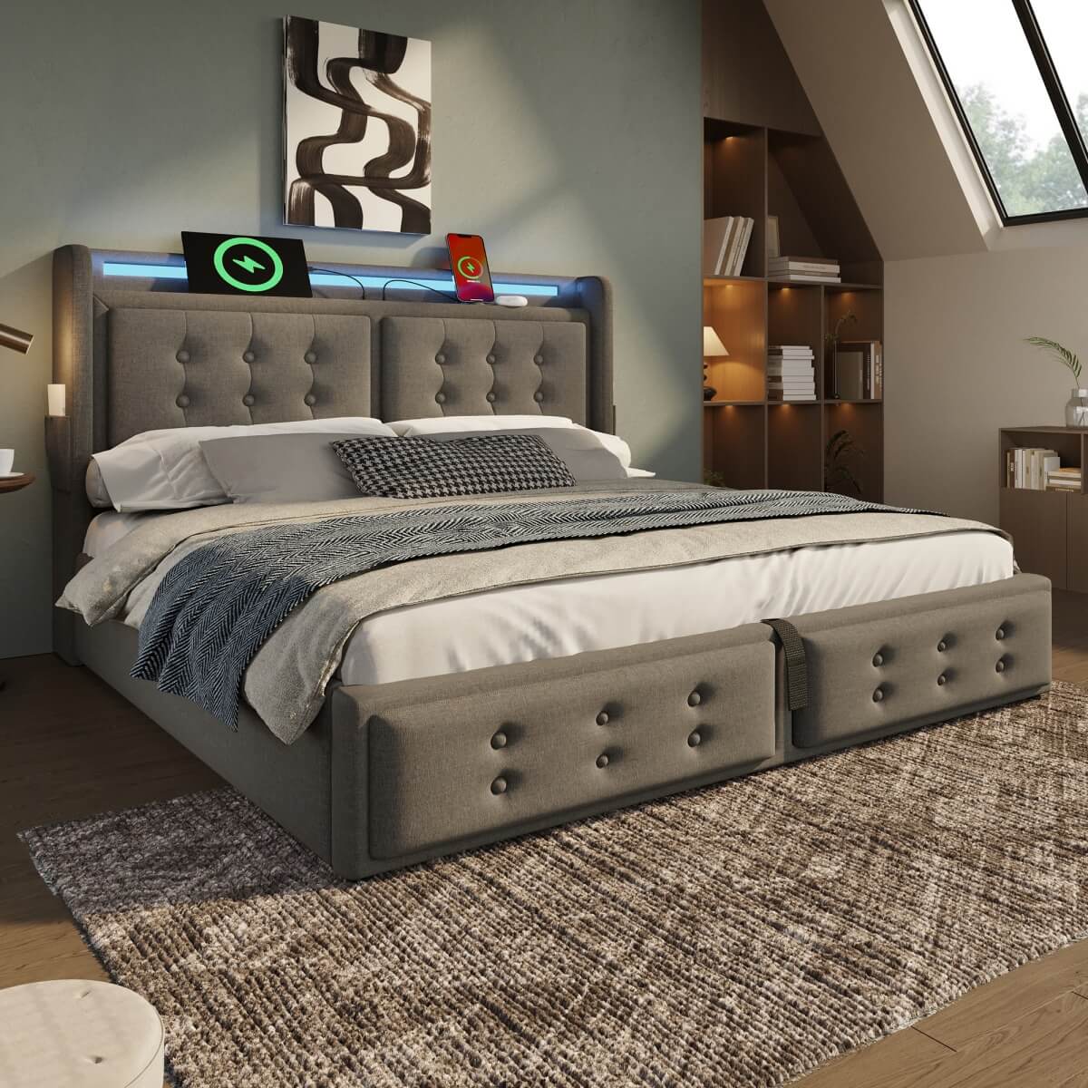 4ft6 Double Upholstered Storage Bed - Hydraulic Bed Frame with LED Headboard, USB & Type-C Charging, Linen, Grey