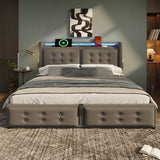 4ft6 Double Upholstered Storage Bed - Hydraulic Bed Frame with LED Headboard, USB & Type-C Charging, Linen, Grey