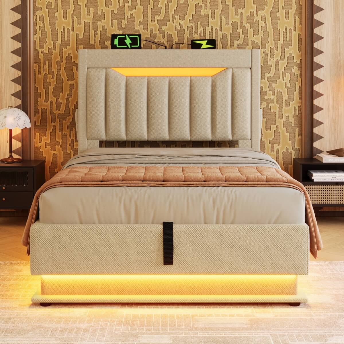 3ft Single Ottoman Bed Frame with LED Headboard - Upholstered Linen Bed with Hydraulic Storage, USB-C Charging and Headboard Storage for Phones and Tablets, Beige