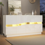 High Gloss White Sideboard with LED Lights - Modern Freestanding Storage Cabinet with 2 Adjustable Shelves and 4 Storage Compartments for Dining and Living Room