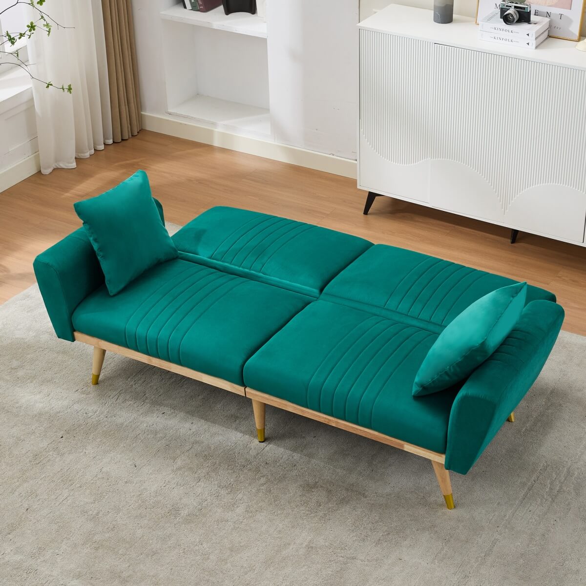 Convertible Futon Sofa Bed - Adjustable Backrest, Fleece Fabric, 2 Seater, Green