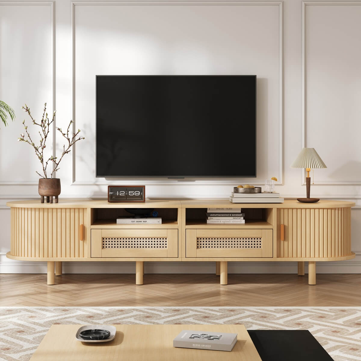 Rattan TV Stand with Sliding Doors - 2 Drawer Storage TV Unit, Fits up to 70 Inch TV
