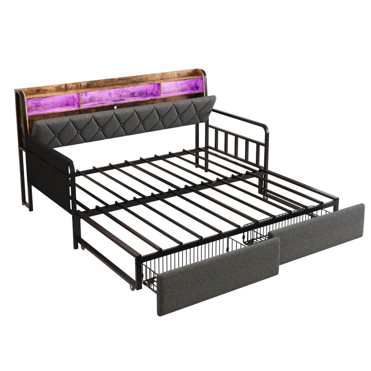 3ft Single Daybed with Trundle & Storage Drawer - LED Sofa Bed with Charging Station