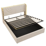 4ft6 Double Upholstered Bed Frame - Hydraulic Storage, LED Headboard with USB Charging, Beige Linen