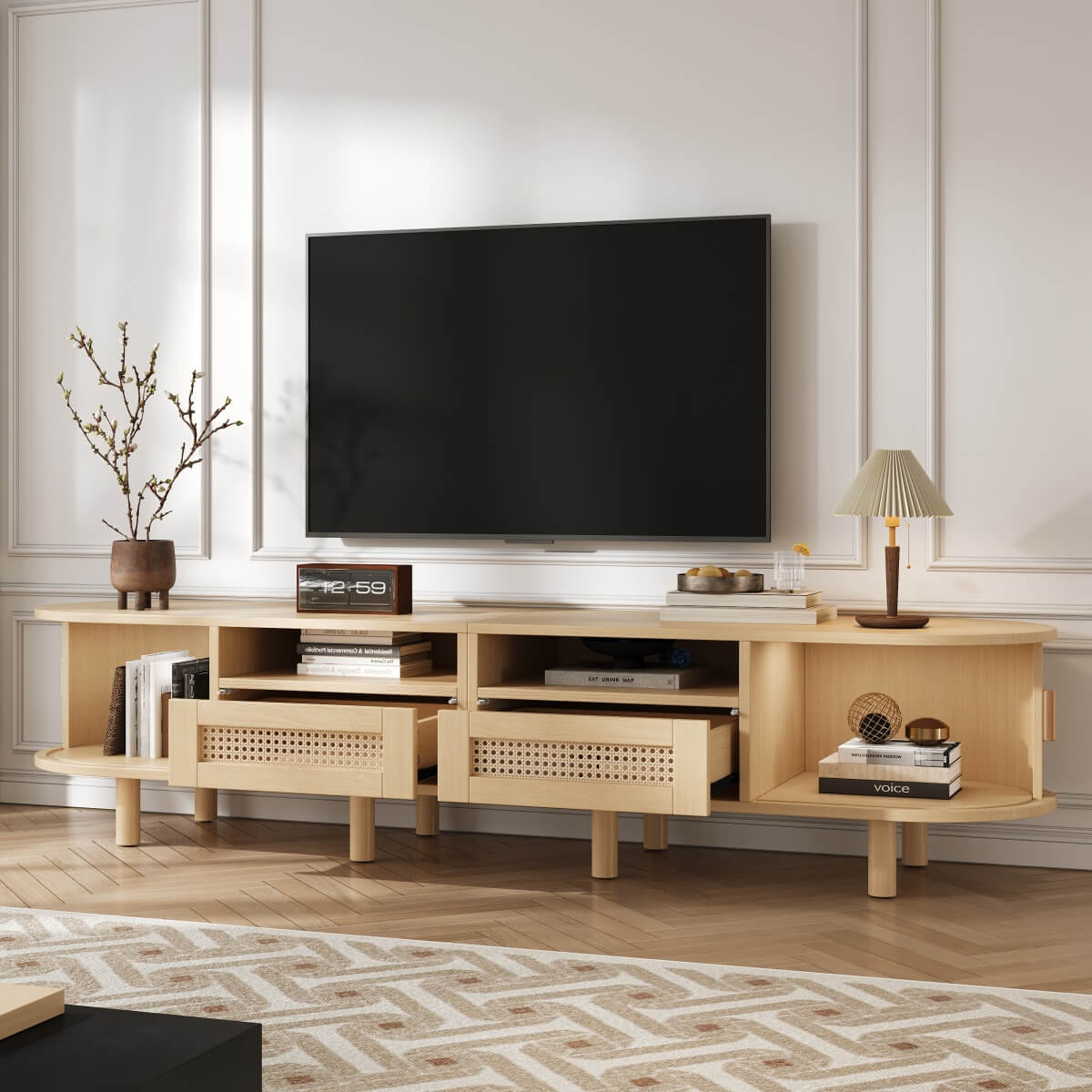 Rattan TV Stand with Sliding Doors - 2 Drawer Storage TV Unit, Fits up to 70 Inch TV