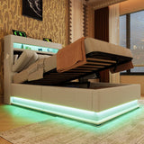3ft Single Ottoman Bed Frame with LED Headboard - Upholstered Linen Bed with Hydraulic Storage, USB-C Charging and Headboard Storage for Phones and Tablets, Beige