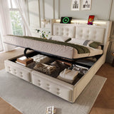 5ft King Upholstered Storage Bed - Hydraulic Bed Frame with LED Headboard, USB & Type-C Charging, Linen, Beige