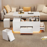 4 in 1 LED Coffee Table - Height Adjustable High Gloss Table with Storage, Drawers and 2 Stools