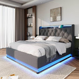 4ft6 Double Ottoman Bed – Grey Linen Upholstered Bed with 360° LED Lighting, Hydraulic Storage and USB Charging