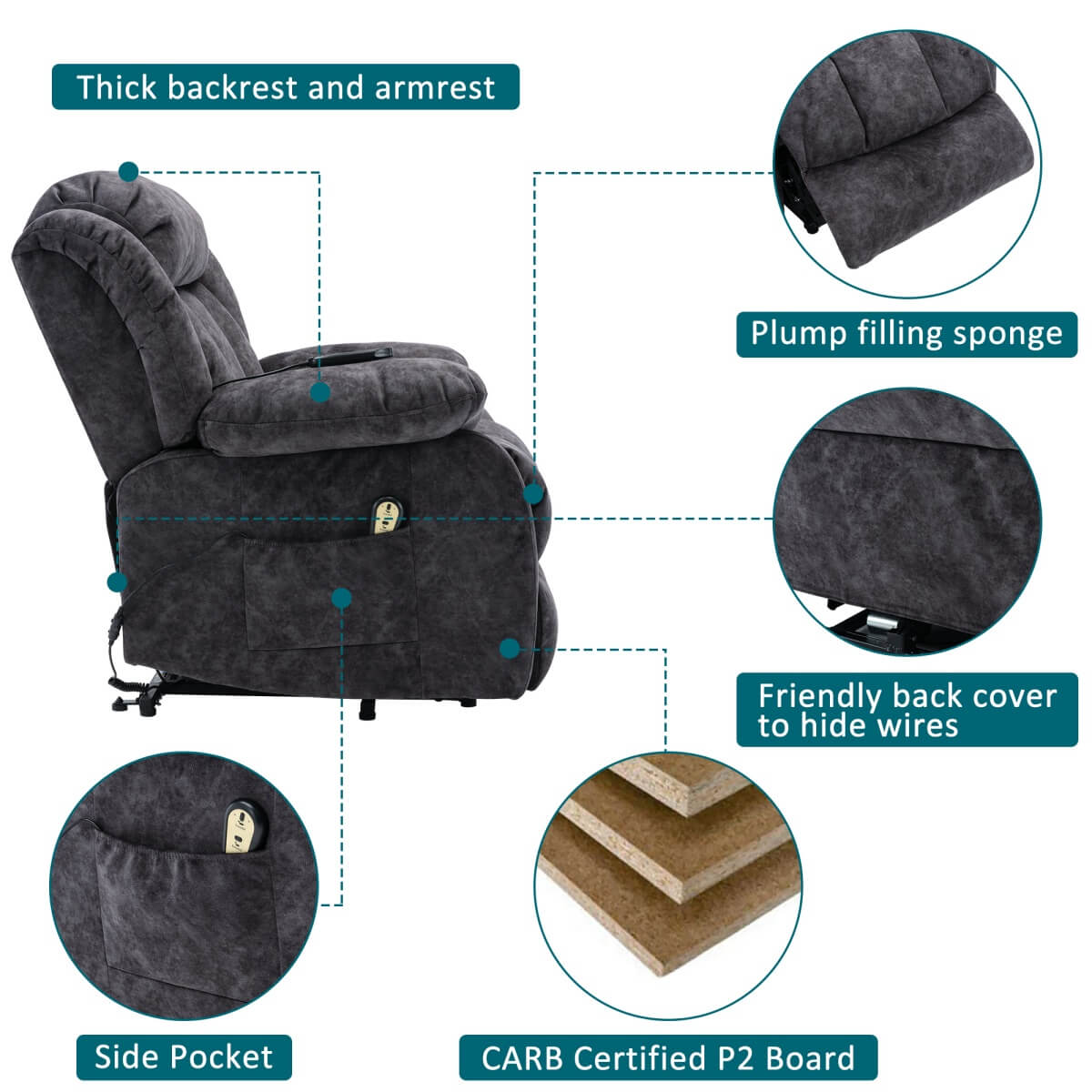 Power Lift Recliner Chair with Massage and Heat - Heavy Duty, Antiskid Fabric, Overstuffed Design