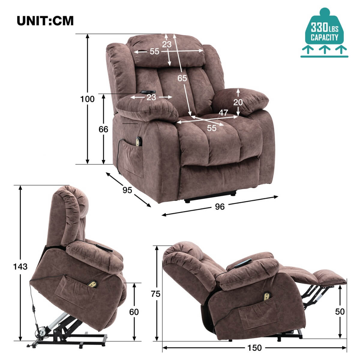 Power Lift Recliner Chair with Heat & Vibration - Overstuffed Fabric Reclining Chair for Elderly