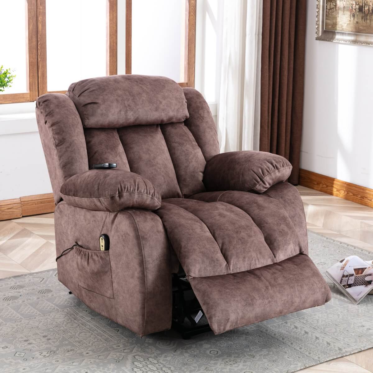 Power Lift Recliner Chair with Heat & Vibration - Overstuffed Fabric Reclining Chair for Elderly