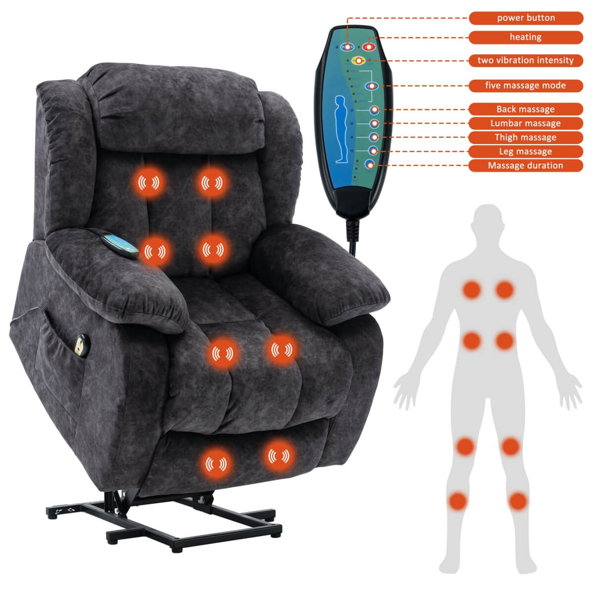 Power Lift Recliner Chair with Massage and Heat - Heavy Duty, Antiskid Fabric, Overstuffed Design