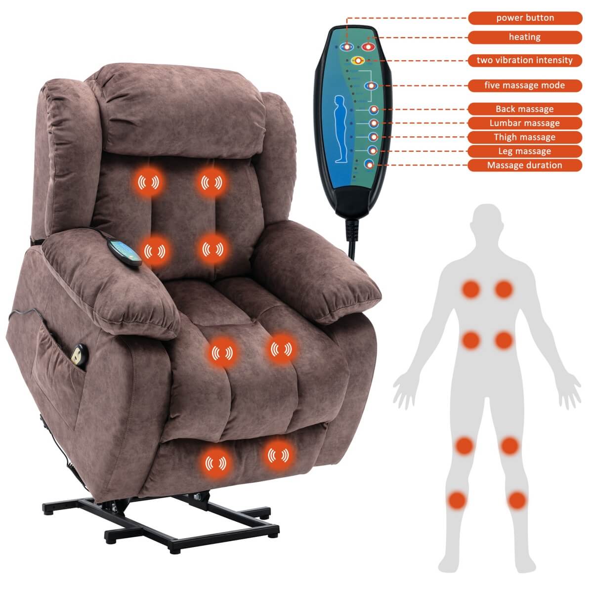 Power Lift Recliner Chair with Heat & Vibration - Overstuffed Fabric Reclining Chair for Elderly