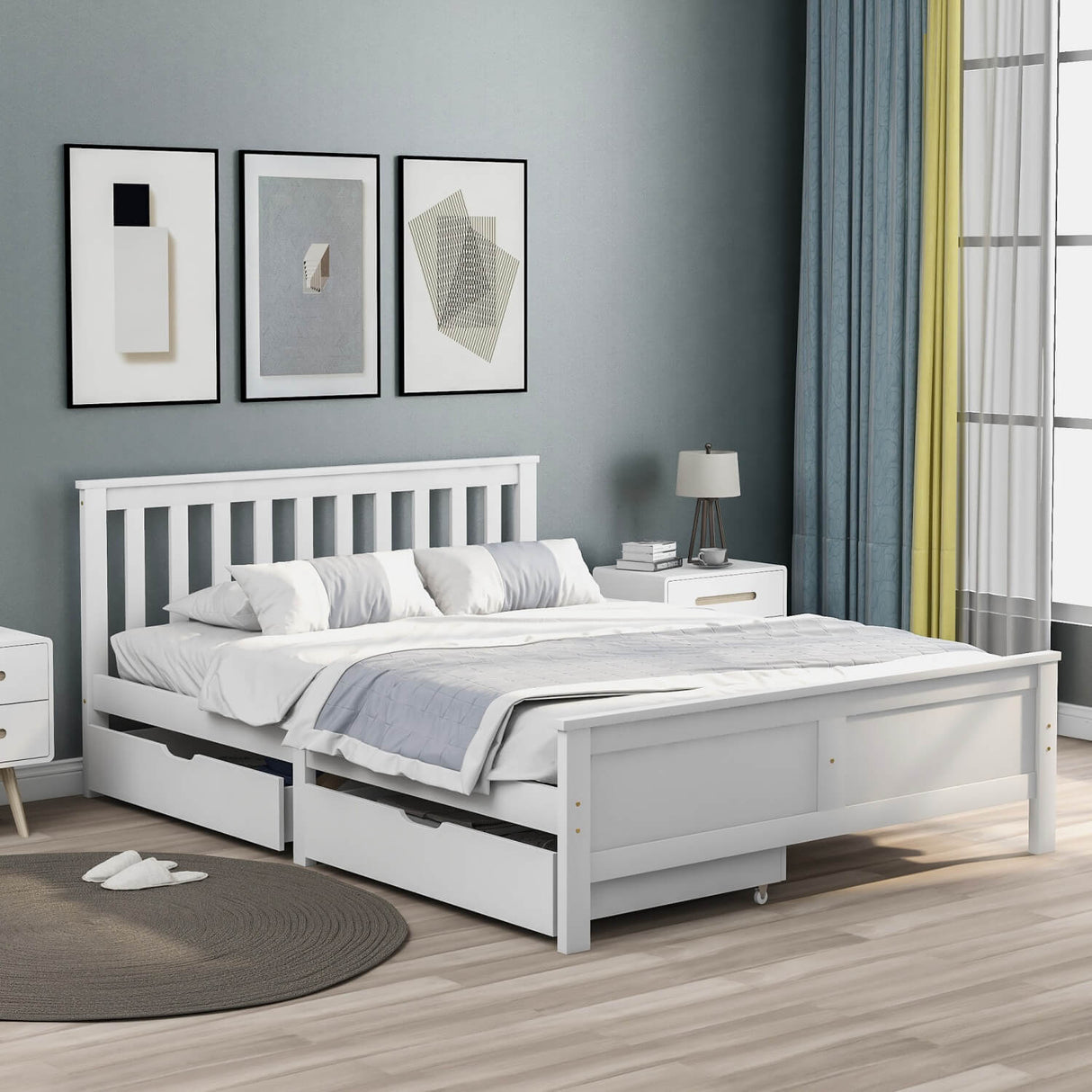 4FT6 Double Wooden Storage Bed - Solid Pine Bed Frame with Drawers