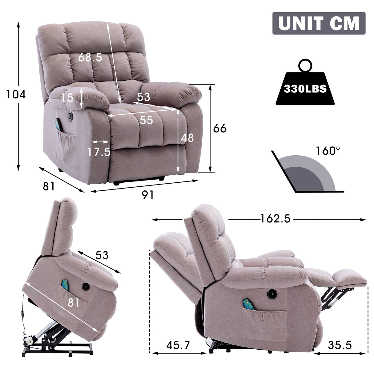 Electric Power Lift Recliner Chair Sofa with Massage, Heat, USB Ports, Side Pockets, Breathable Fabric