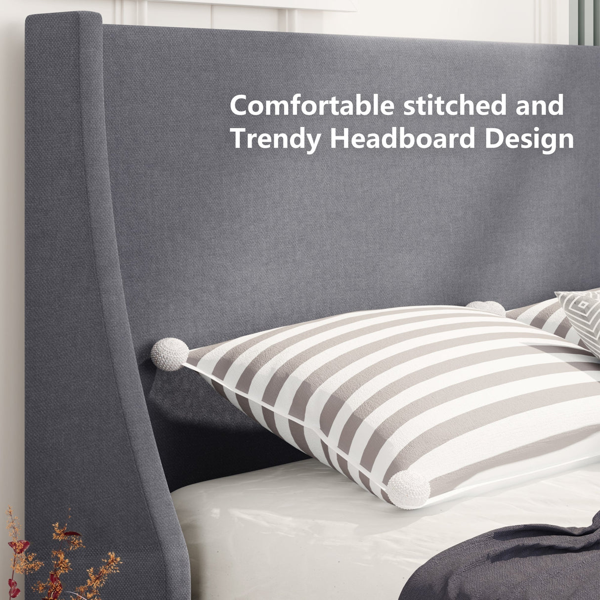 Single Bed Soft Linen Grey 3FT Upholstered Bed with Winged Headboard, Wood Slat Support