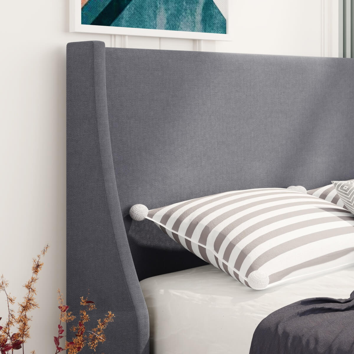 3ft Single Linen Upholstered Bed Frame - Winged Headboard, Grey
