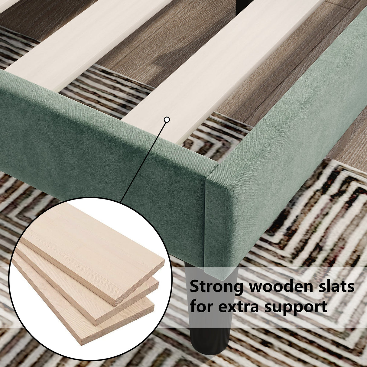 Double Bed with Winged Headboard, Dark Green Velvet, Wood Slat Support