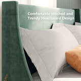 Double Bed with Winged Headboard, Dark Green Velvet, Wood Slat Support