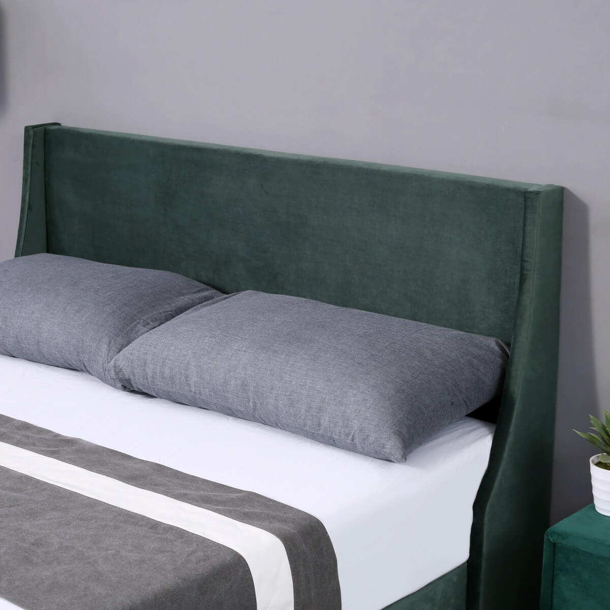 4ft6 Double Velvet Bed Frame - Winged Upholstered Headboard, Dark Green