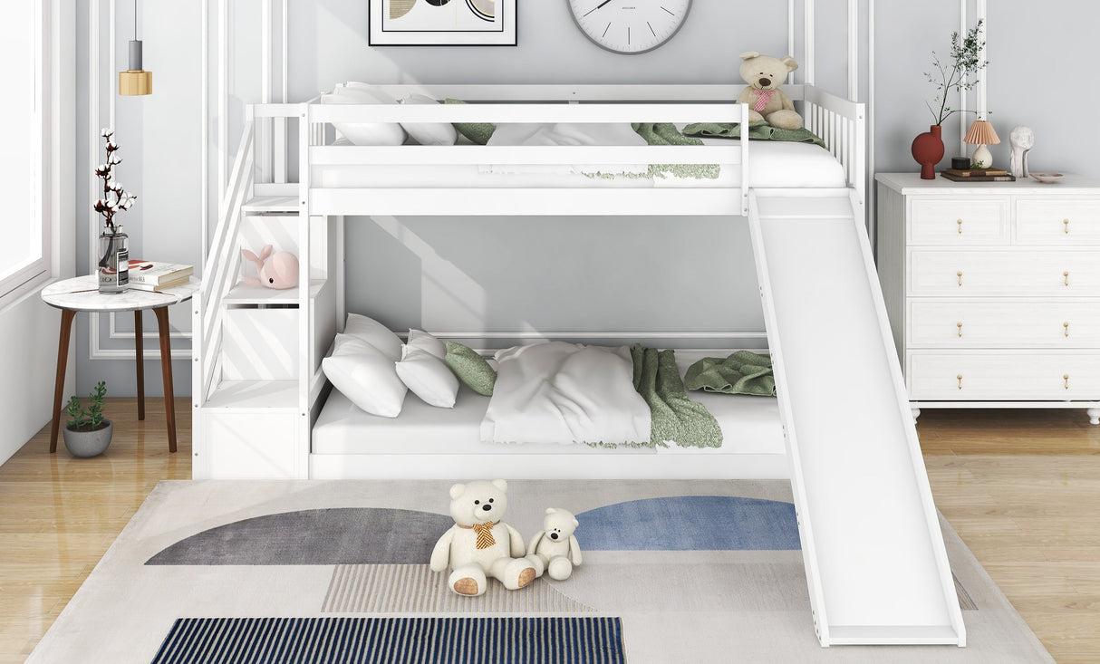 Bunk Bed with Stairs & Slide, Solid Pine Wood Frame, 90x190cm, White