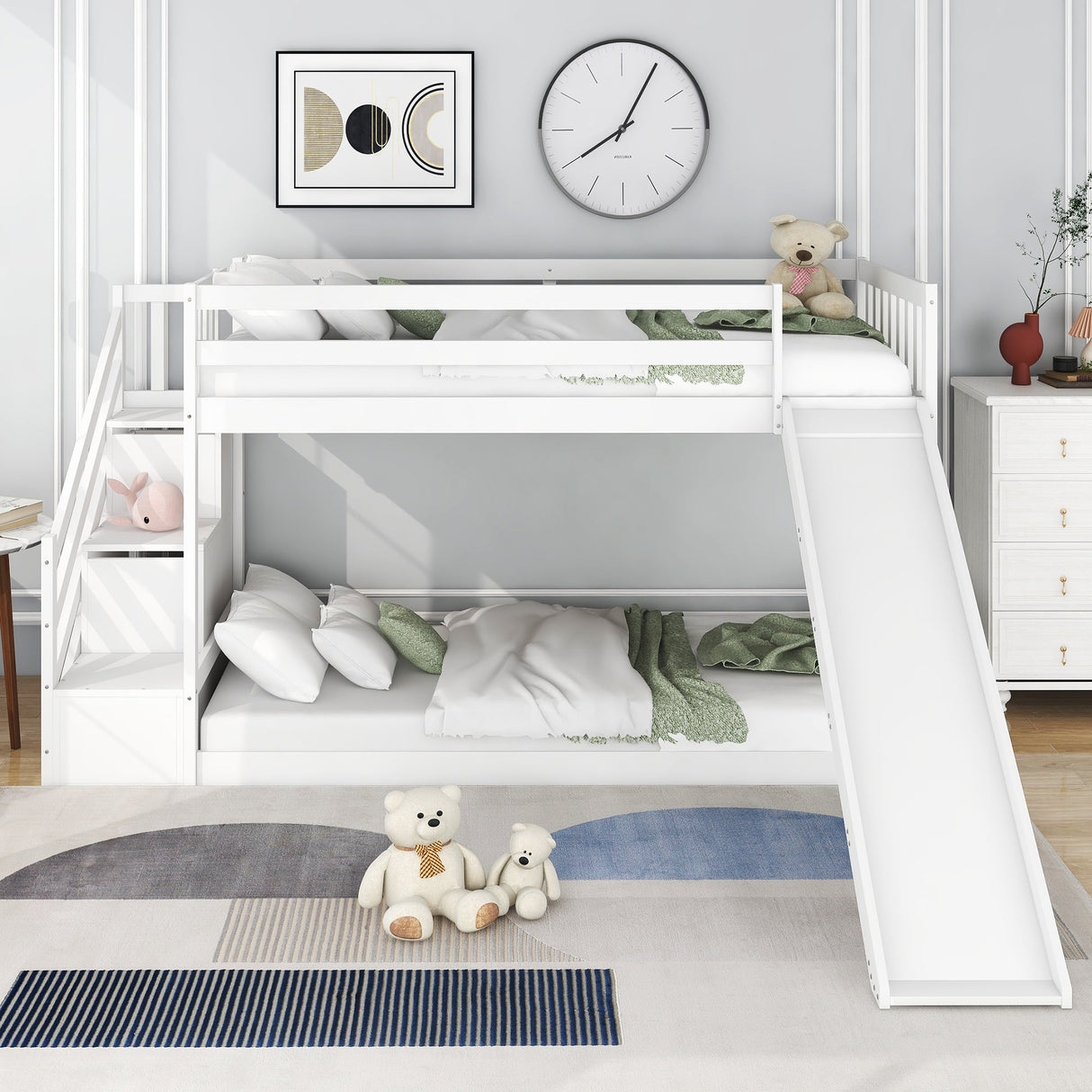 Bunk Bed with Stairs & Slide, Solid Pine Wood Frame, 90x190cm, White