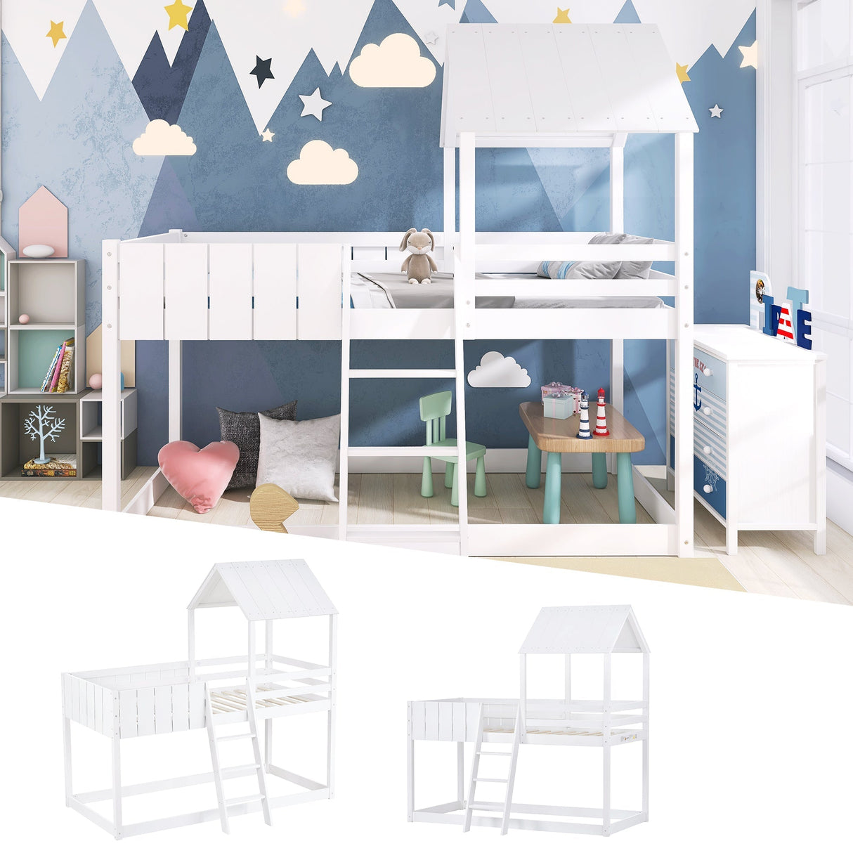 Wooden Bunk Bed with Ladder, Guard Rail & Treehouse Canopy, 3 FT Single, White