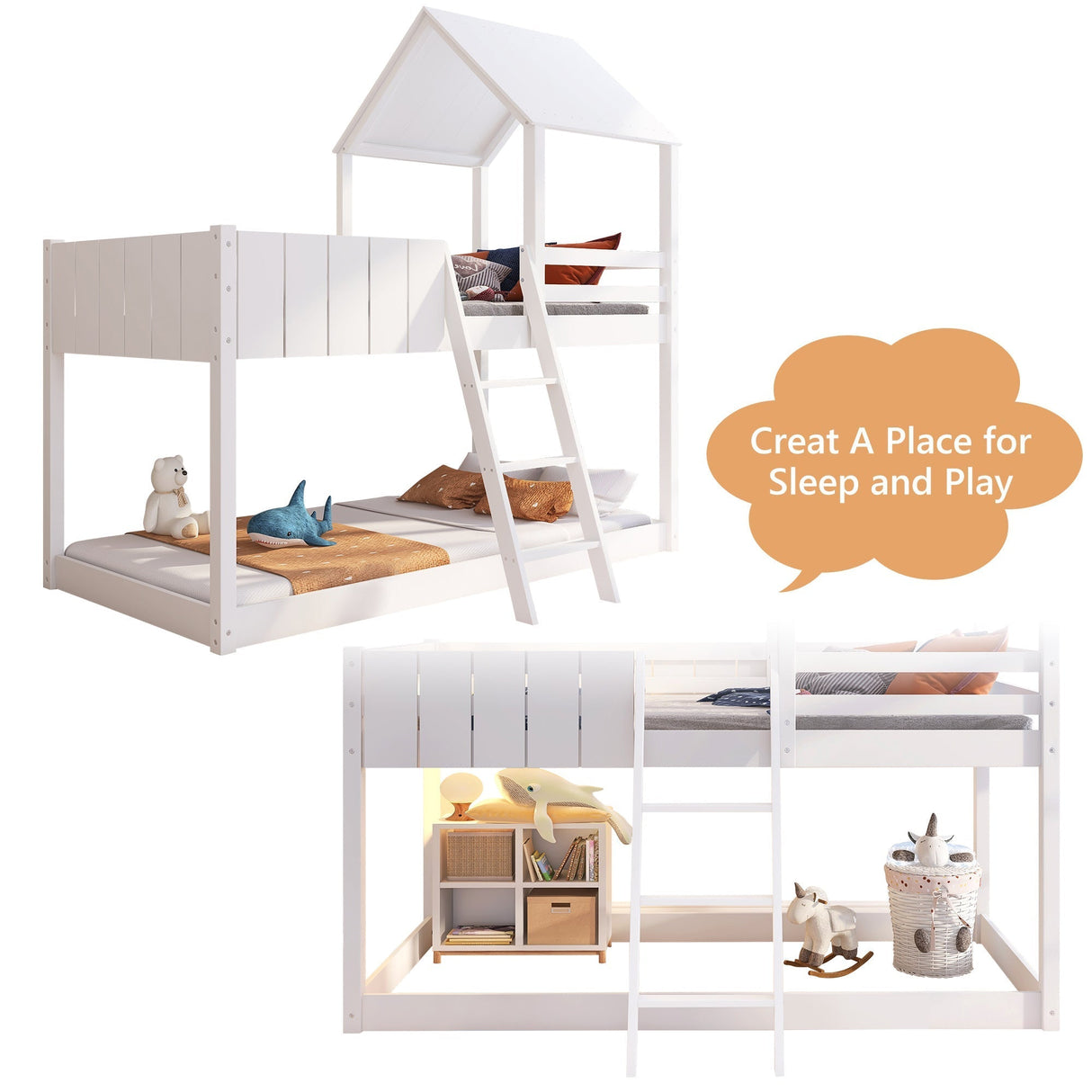 Wooden Bunk Bed with Ladder, Guard Rail & Treehouse Canopy, 3 FT Single, White