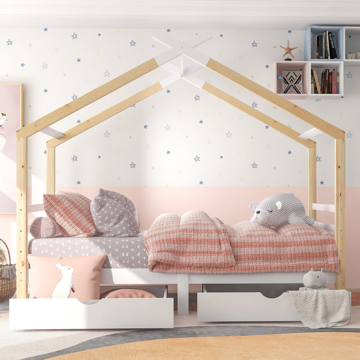 Kids Single Bed Frame with Under-Bed Storage, 3FT, Solid Pine Wood