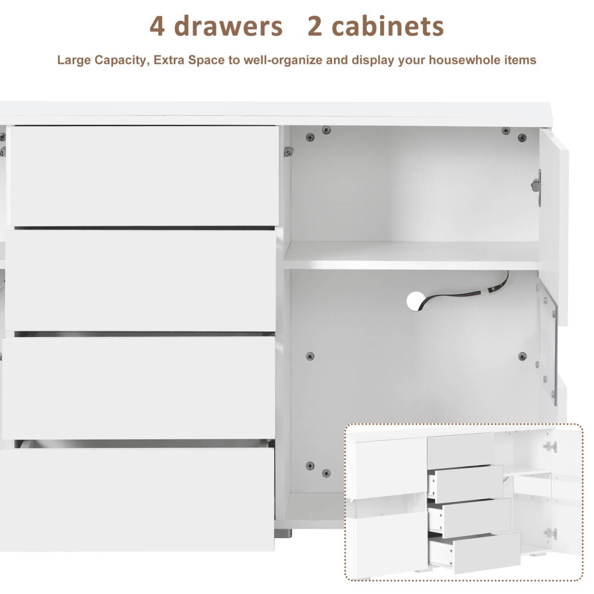 White High Gloss & Matt Sideboard Cabinet — LED Storage Unit for Dining Room & Living Room