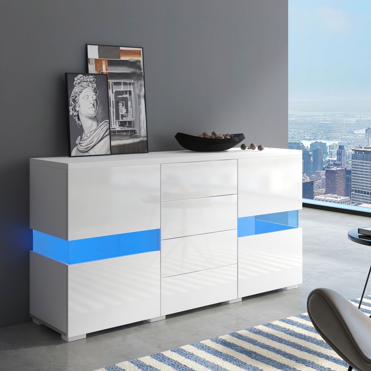 White High Gloss & Matt Sideboard Cabinet — LED Storage Unit for Dining Room & Living Room