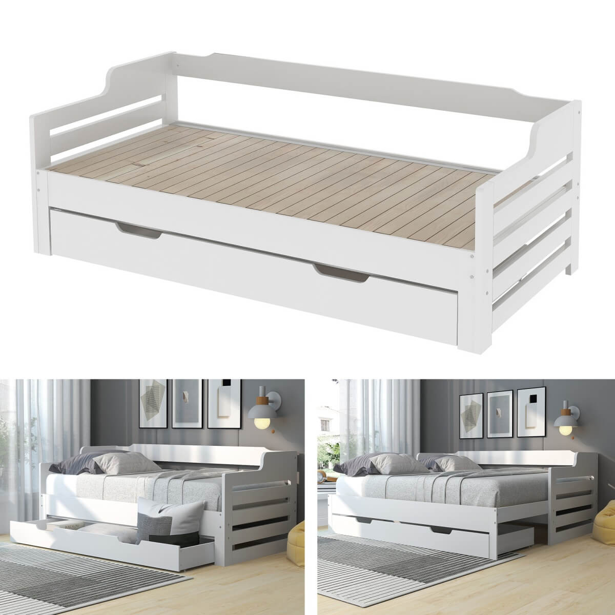 3FT Single Daybed with Trundle & Storage Drawer - Wooden Sofa Bed Frame